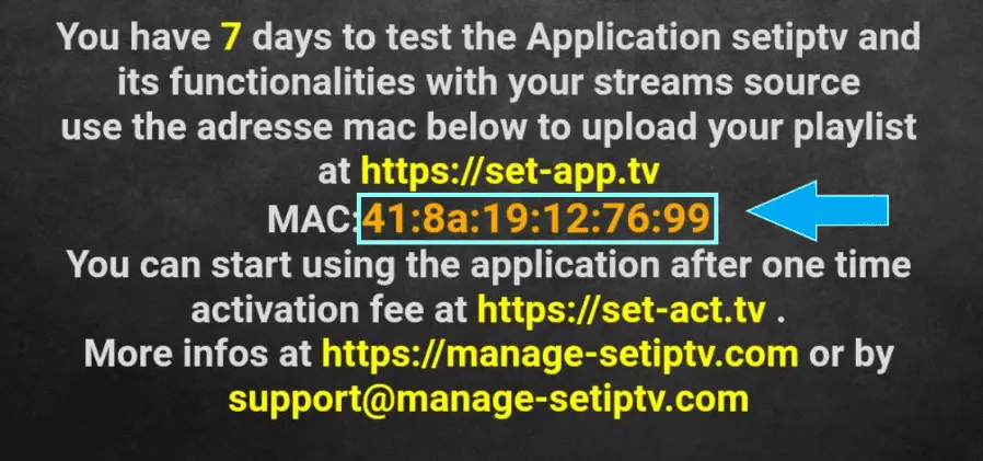 ecran de démarrage de l'application SET IPTV avec l'adresse MAC affiché a l'ecran
