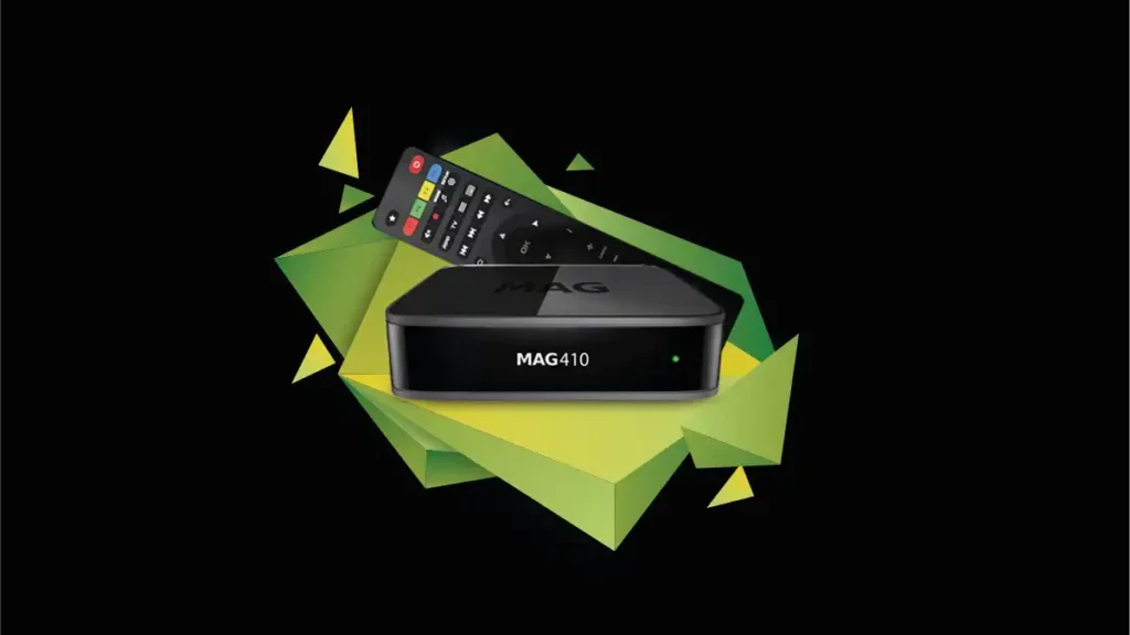 Boîtier MAG IPTV avec télécommande, prêt pour installation IPTV