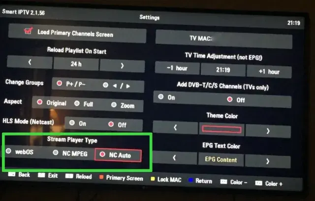 Paramètres Smart IPTV avec options de buffer, reload playlist on start et EPG