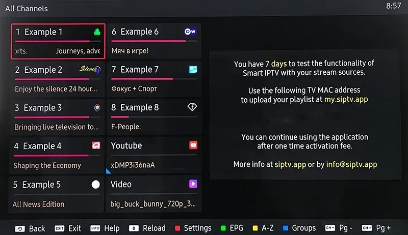 Écran d’accueil Smart IPTV affichant l’adresse MAC de la TV